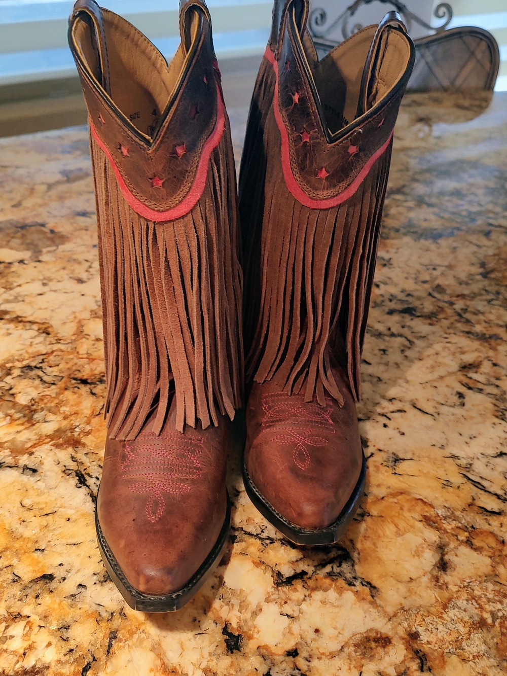 Brown Fringe Heeled Western Boots with Pink Accent Youth Size 4